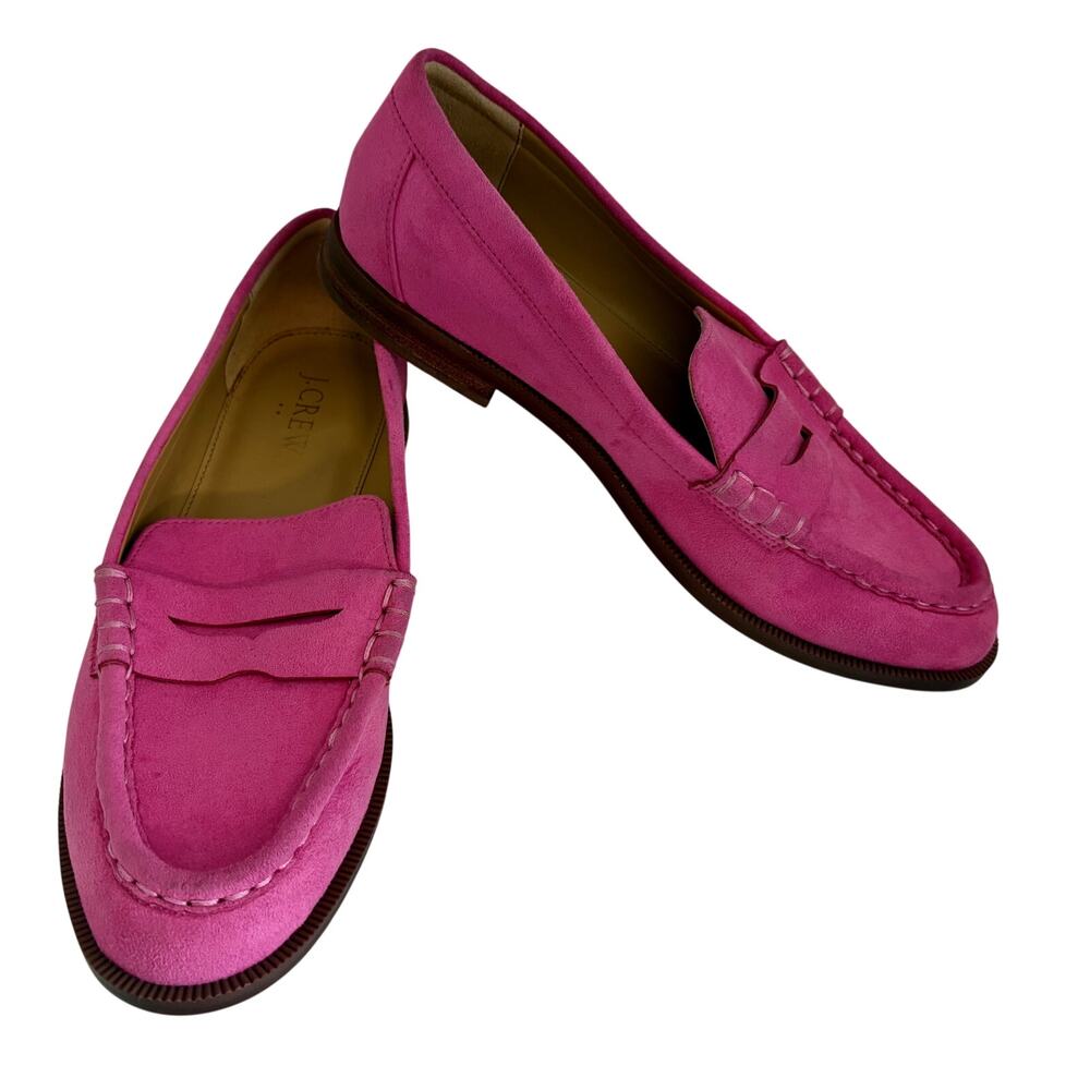 J. Crew Candy Pink Faux Suede Penny Loafers Flats Slip On Feminine Preppy 6.5